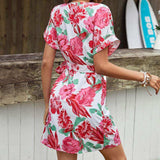 Floral Tied Short Sleeve Mini Dress - Trendsi - Flyclothing LLC
