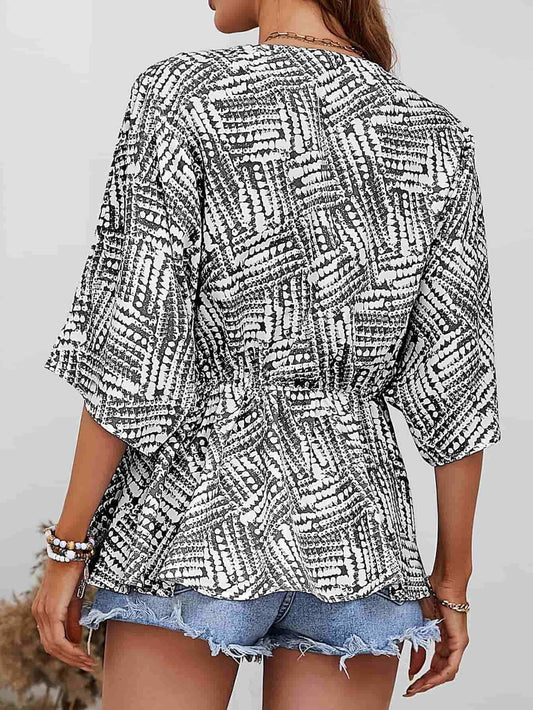 Printed V-Neck Dolman Sleeve Blouse - Trendsi - Flyclothing LLC