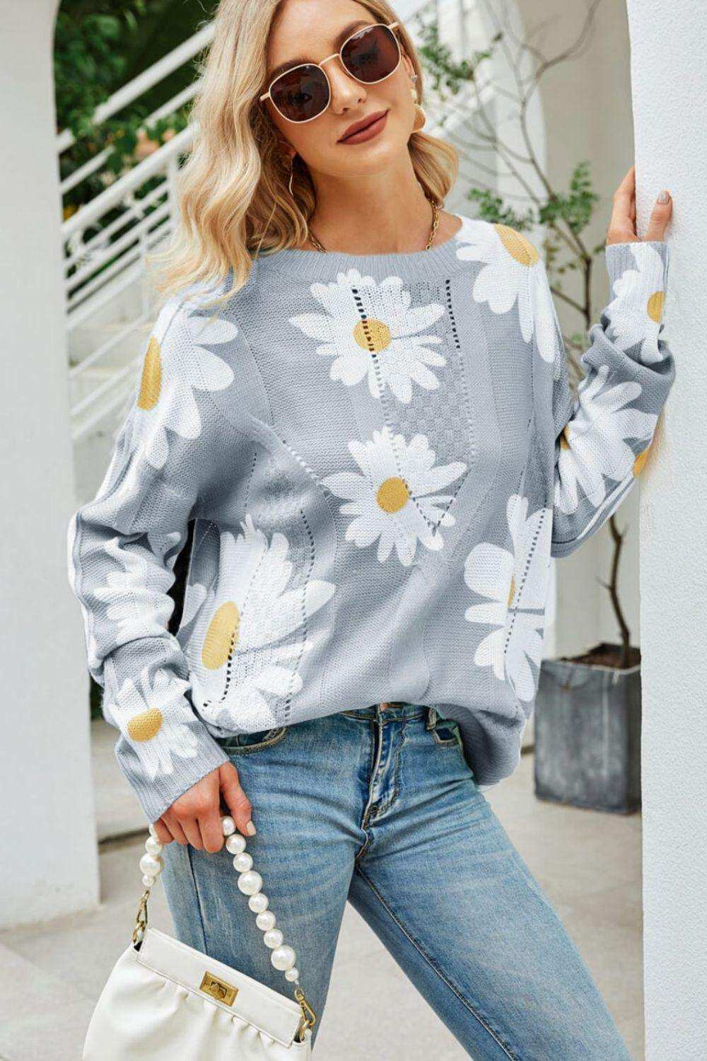 Daisy Print Openwork Round Neck Sweater - Trendsi - Flyclothing LLC