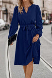 Tie Waist Notched Neck Long Sleeve Dress - Trendsi - Flyclothing LLC