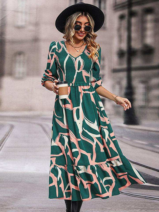 Printed Smocked V-Neck Three-Quarter Sleeve Midi Dress - Trendsi - Flyclothing LLC