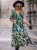Printed Smocked V-Neck Three-Quarter Sleeve Midi Dress - Trendsi - Flyclothing LLC