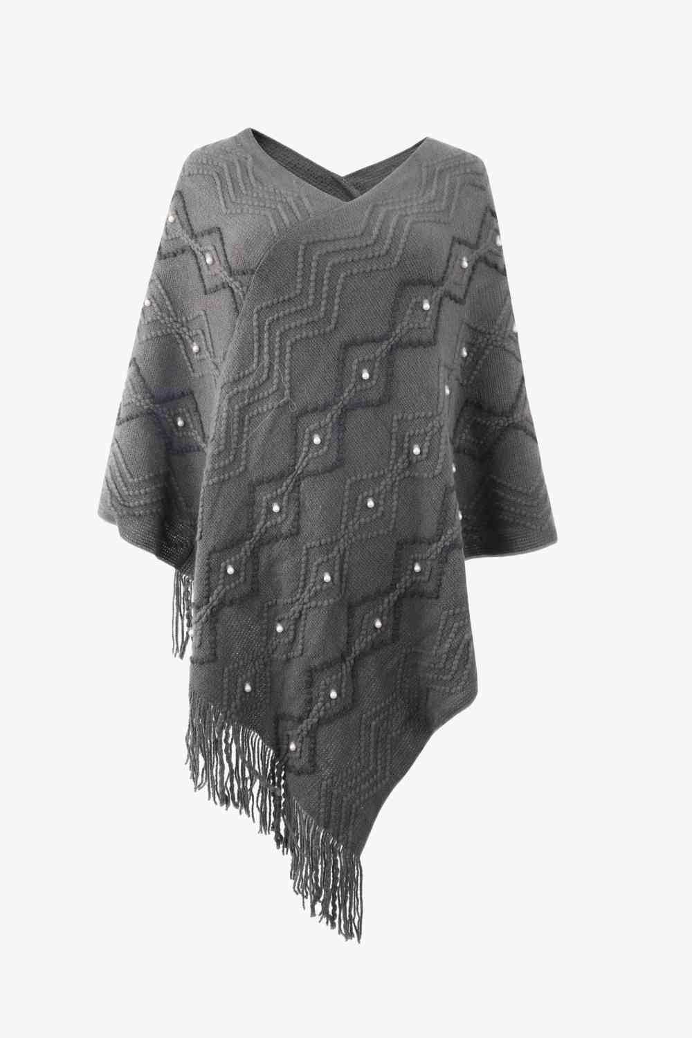 Pearl Trim V-Neck Fringe Hem Poncho - Trendsi - Flyclothing LLC