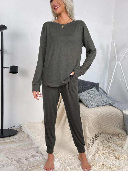 Round Neck Top and Drawstring Pants Lounge Set - Trendsi - Flyclothing LLC