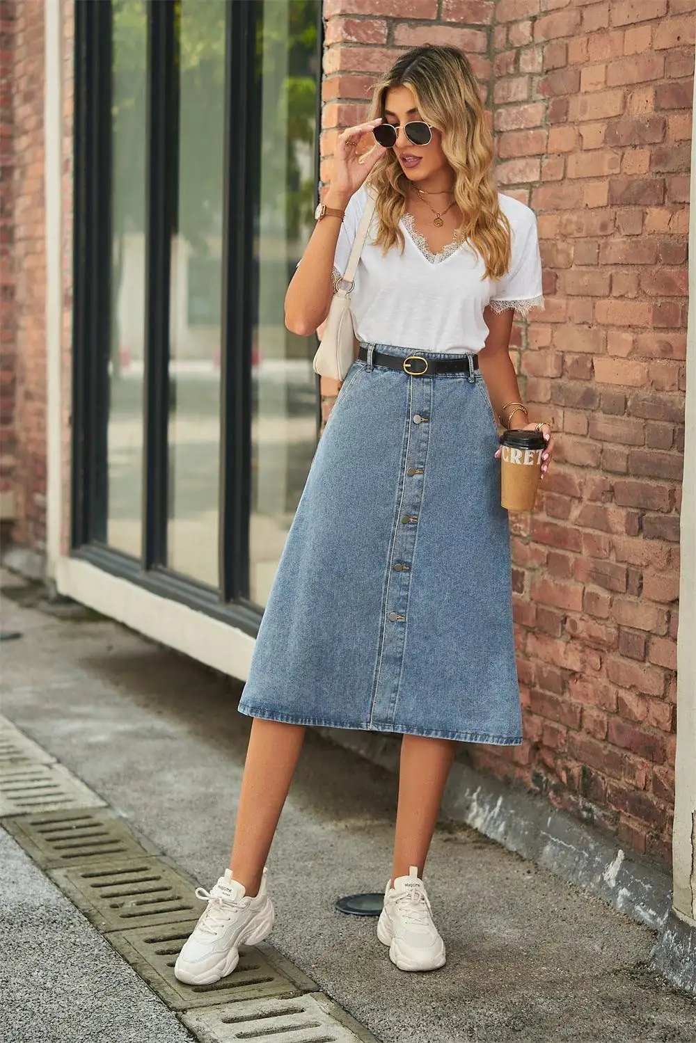 Button Front A-Line Denim Skirt - Trendsi - Flyclothing LLC
