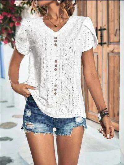Eyelet V-Neck Petal Sleeve T-Shirt - Trendsi - Flyclothing LLC
