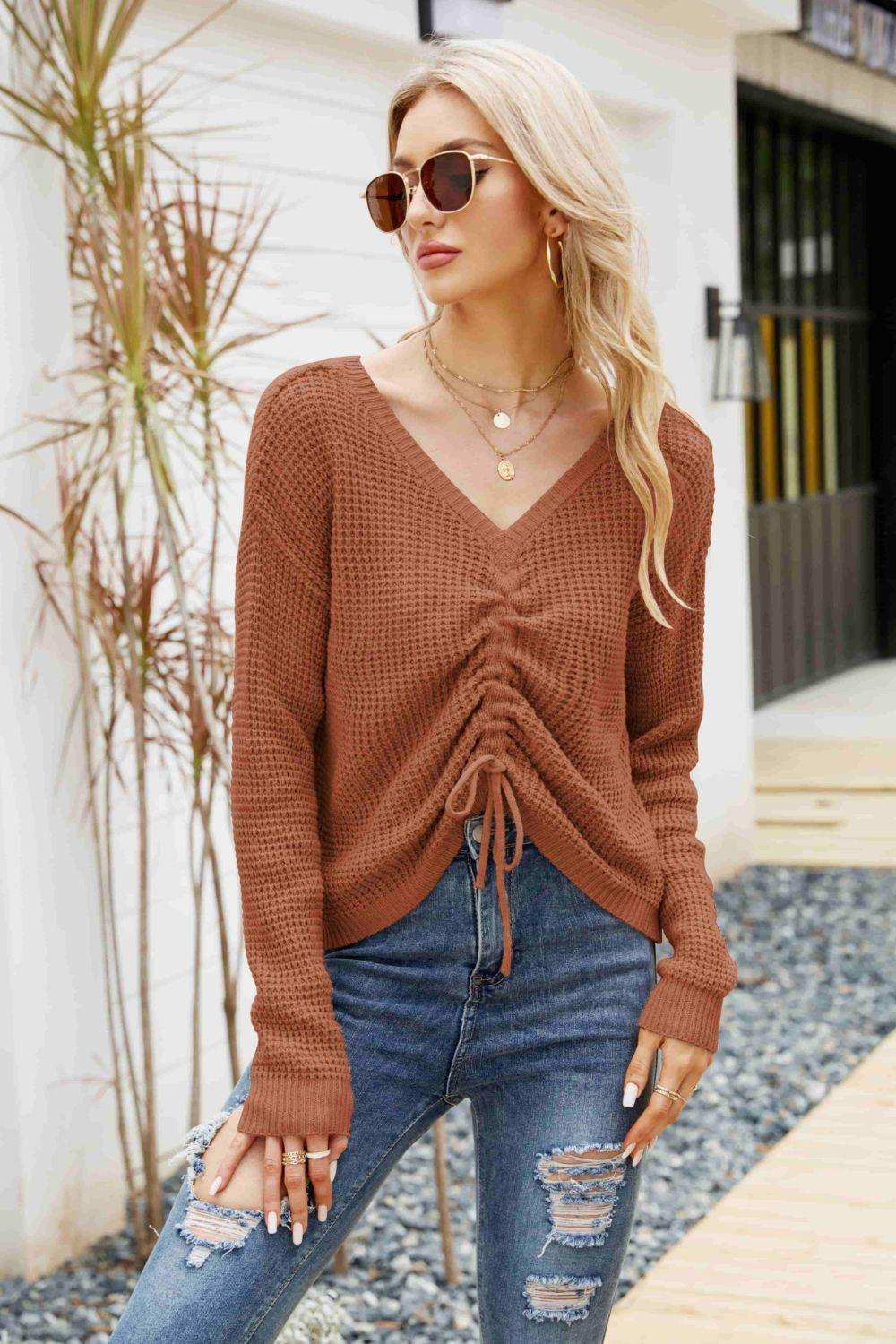 Waffle-Knit Drawstring Detail V-Neck Sweater - Trendsi - Flyclothing LLC