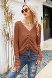 Waffle-Knit Drawstring Detail V-Neck Sweater - Trendsi - Flyclothing LLC