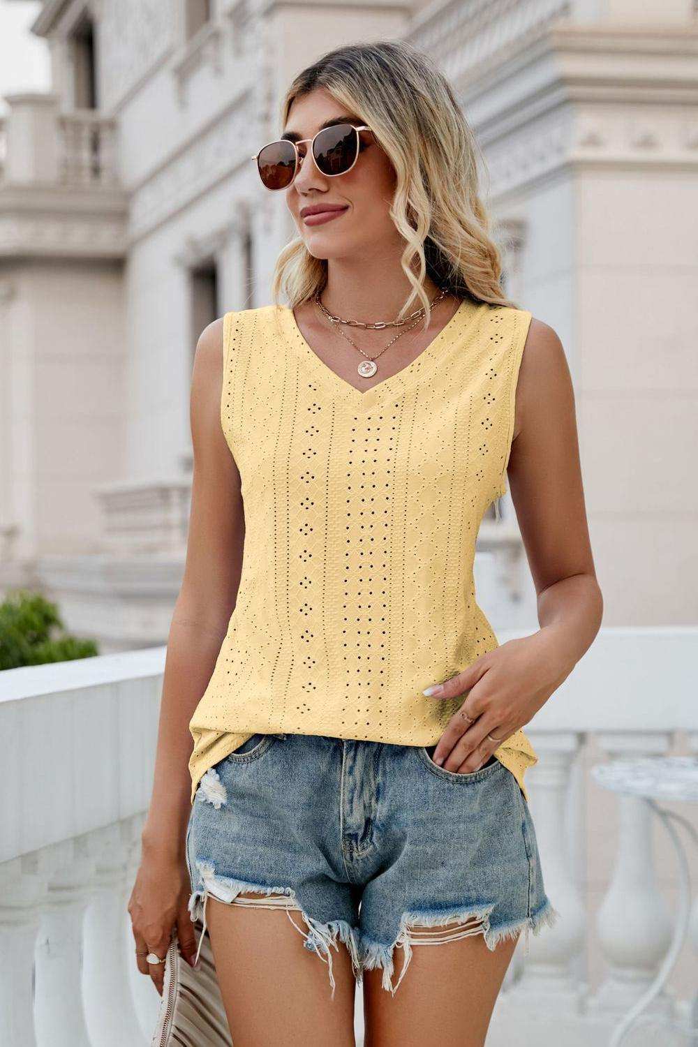 Eyelet V-Neck Tank - Trendsi - Flyclothing LLC