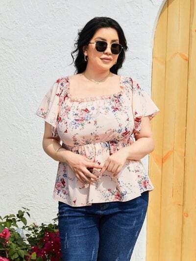 Plus Size Frill Printed Flutter Sleeve Blouse - Trendsi - Flyclothing LLC