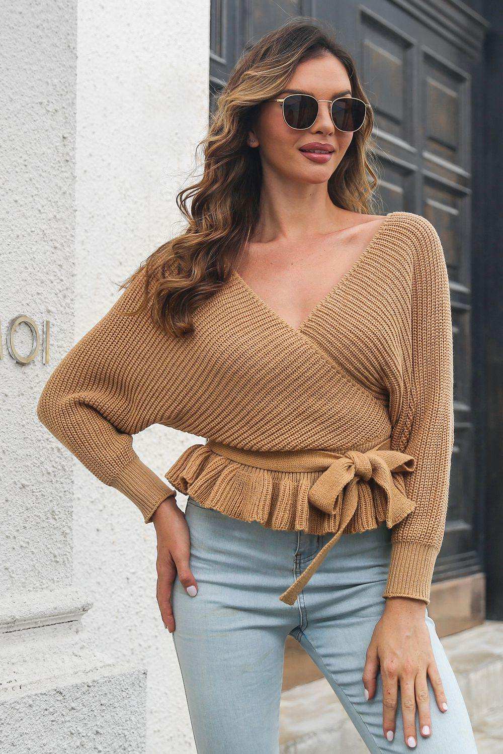 Tie Waist Ruffle Hem Sweater - Trendsi - Flyclothing LLC