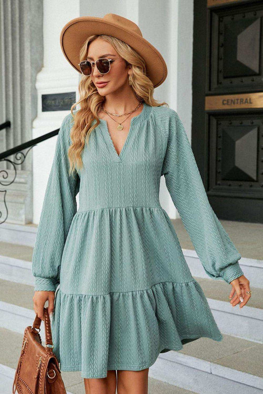 Notched Neck Long Sleeve Mini Dress - Trendsi - Flyclothing LLC