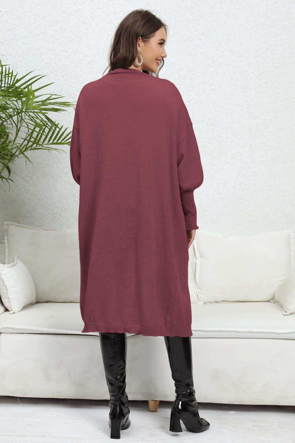 Lantern Sleeve Open Front Pocketed Cardigan - Trendsi - Flyclothing LLC