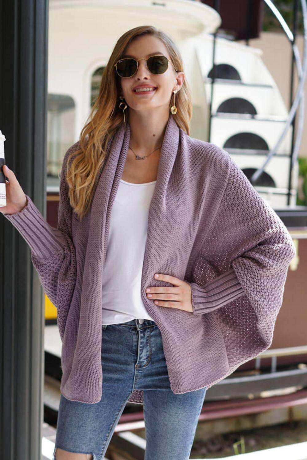 Dolman Sleeve Open Front Ribbed Trim Longline Cardigan - Trendsi - Flyclothing LLC