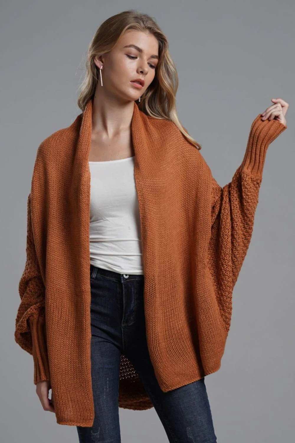 Dolman Sleeve Open Front Ribbed Trim Longline Cardigan - Trendsi - Flyclothing LLC