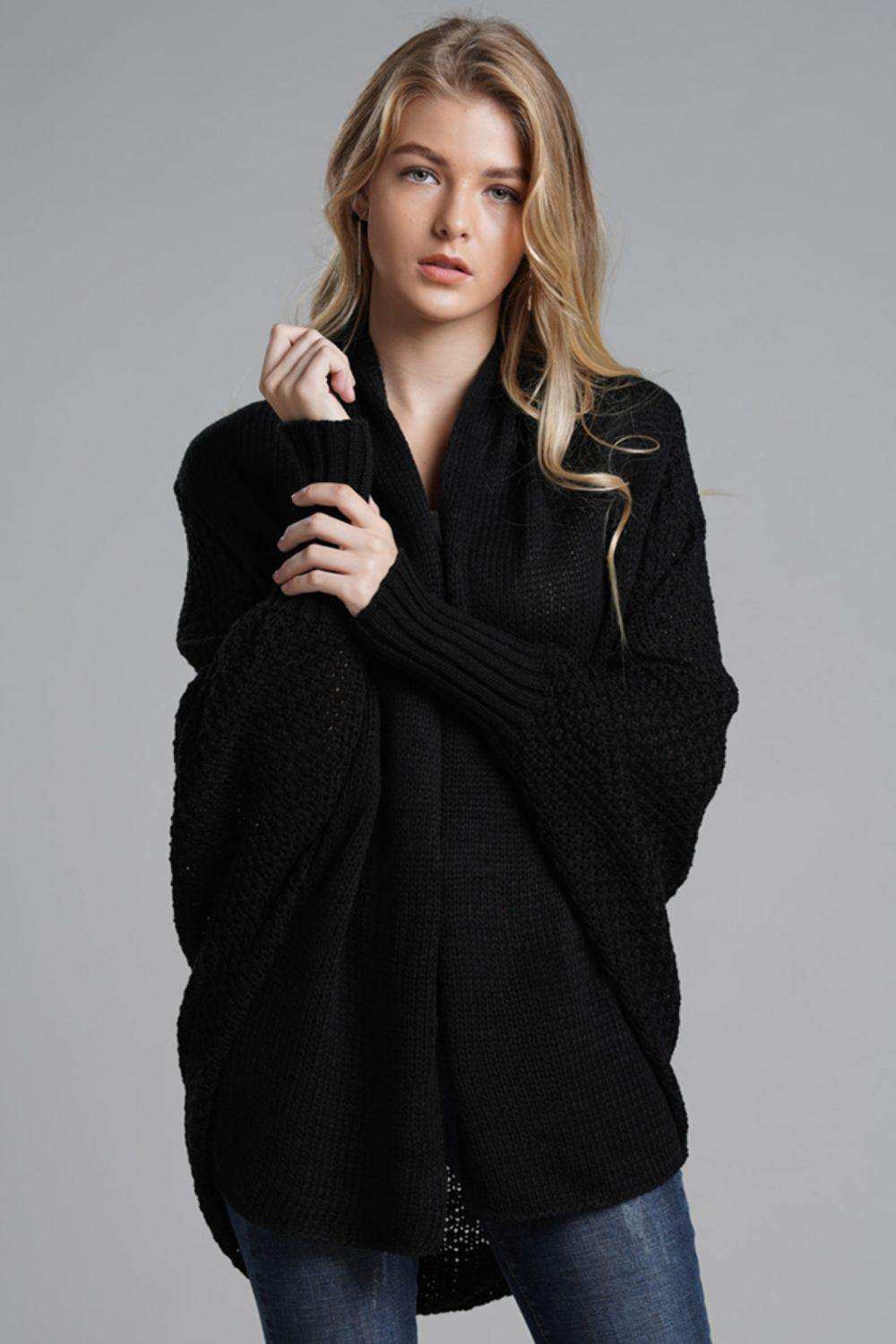 Dolman Sleeve Open Front Ribbed Trim Longline Cardigan - Trendsi - Flyclothing LLC