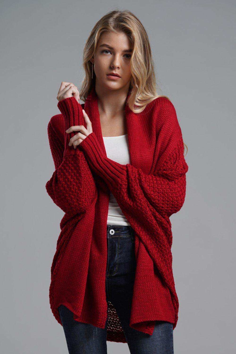 Dolman Sleeve Open Front Ribbed Trim Longline Cardigan - Trendsi - Flyclothing LLC