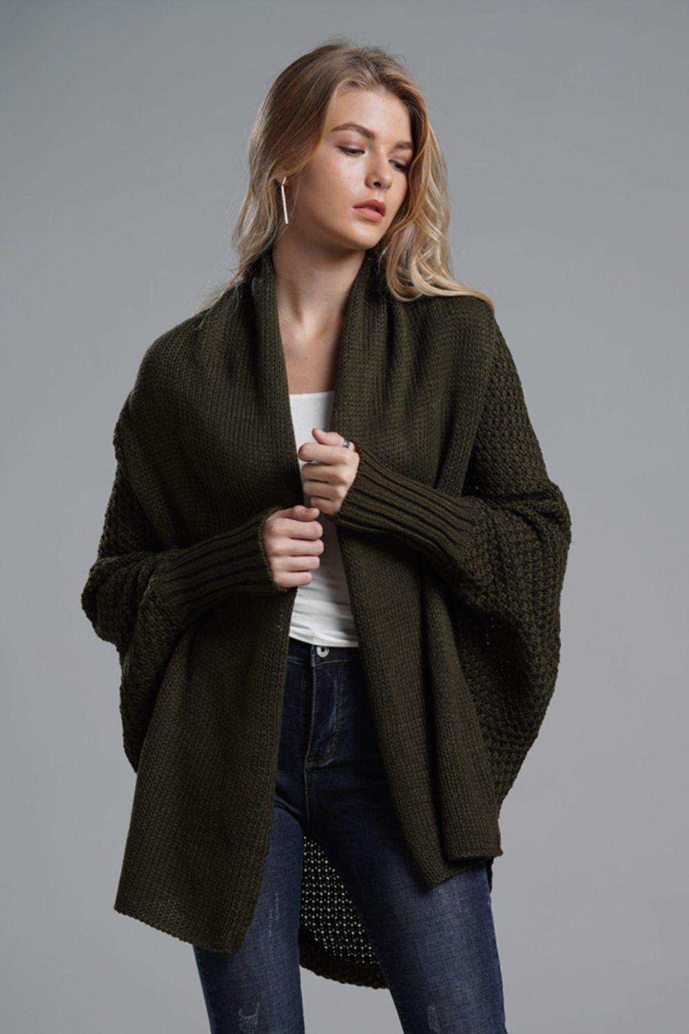 Dolman Sleeve Open Front Ribbed Trim Longline Cardigan - Trendsi - Flyclothing LLC