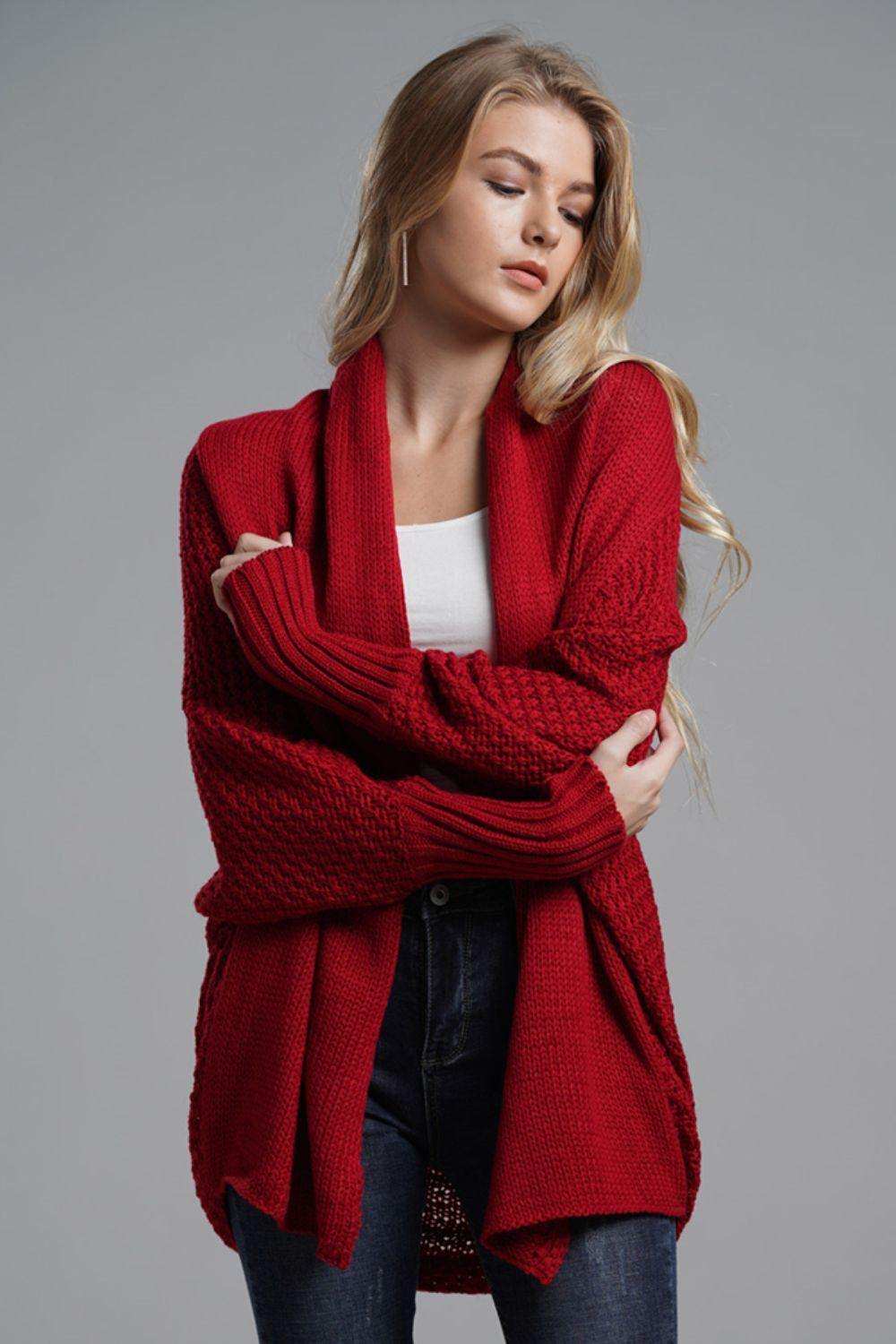 Dolman Sleeve Open Front Ribbed Trim Longline Cardigan - Trendsi - Flyclothing LLC