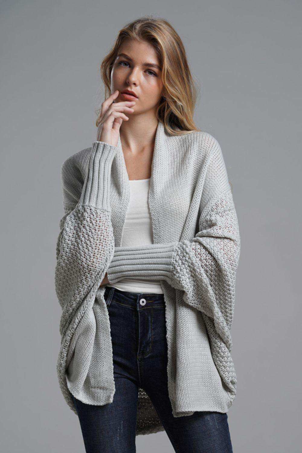 Dolman Sleeve Open Front Ribbed Trim Longline Cardigan - Trendsi - Flyclothing LLC