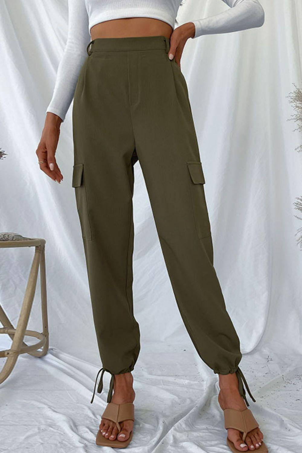 Trendsi Drawstring Ankle Cargo Pants Flyclothing LLC Army Green L