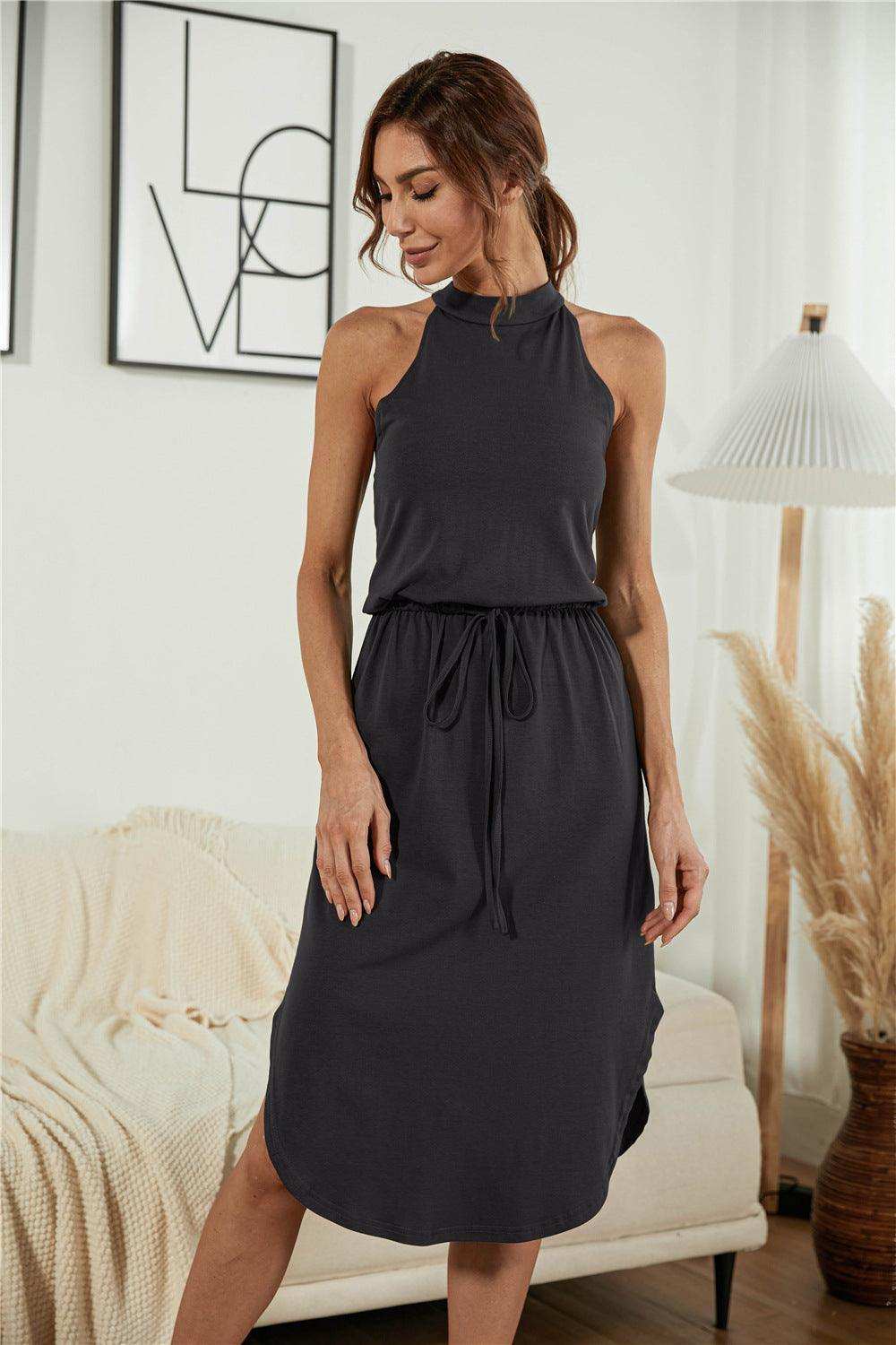 Drawstring Open Back Slit Sleeveless Dress - Trendsi - Flyclothing LLC