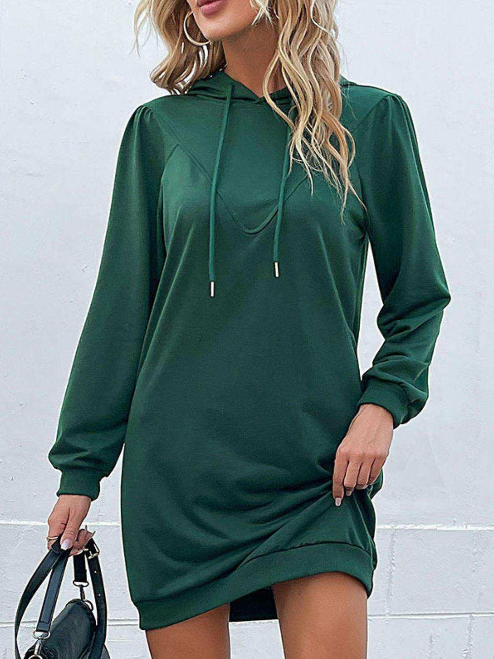 Drawstring Puff Sleeve Hooded Dress - Trendsi - Flyclothing LLC