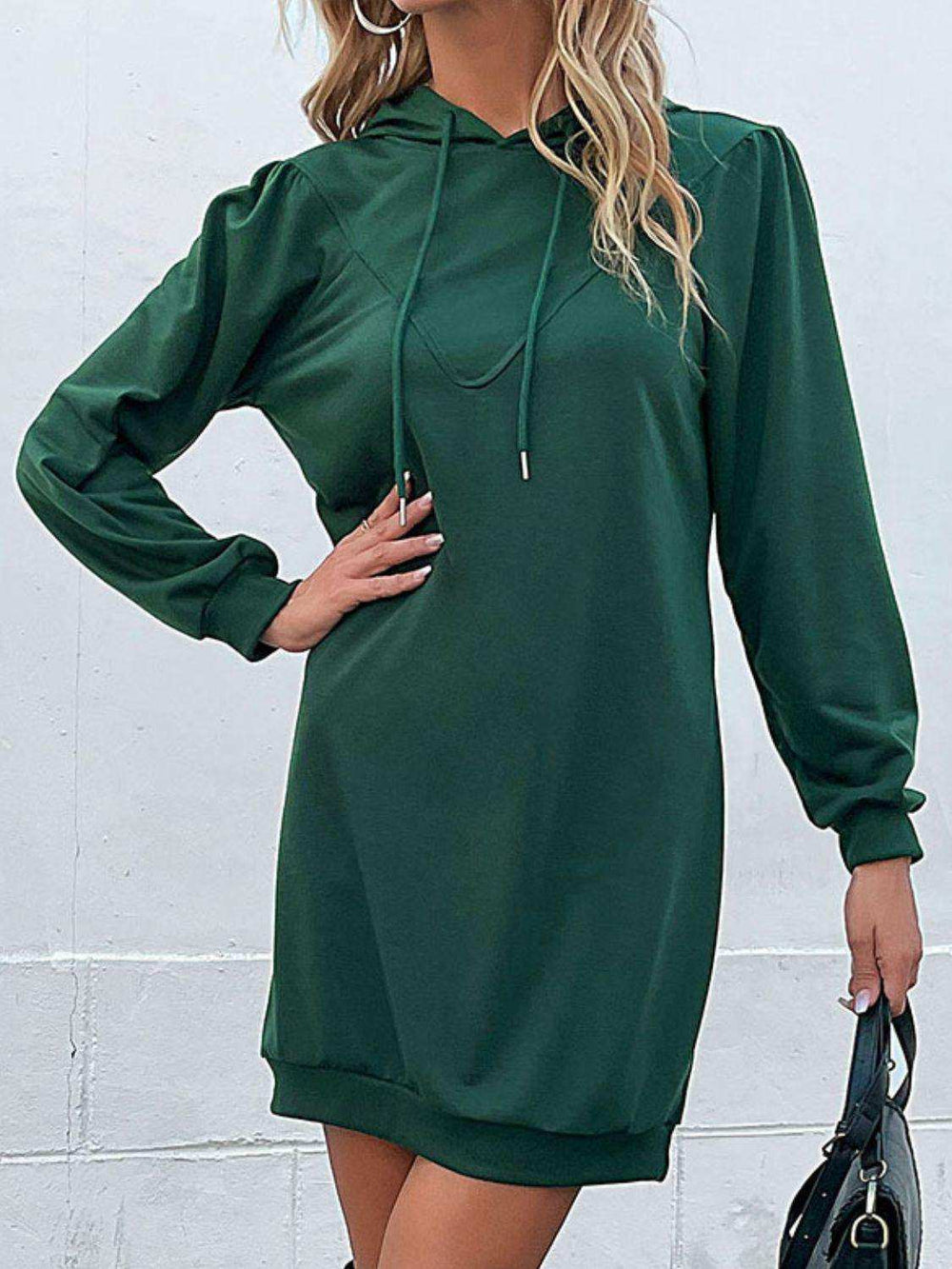 Drawstring Puff Sleeve Hooded Dress - Trendsi - Flyclothing LLC
