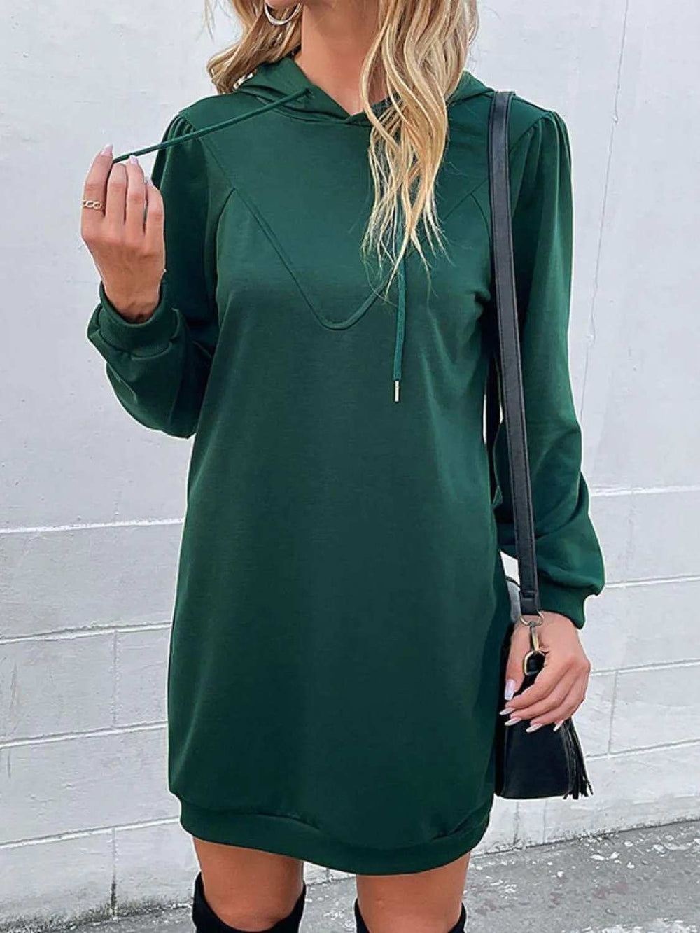 Drawstring Puff Sleeve Hooded Dress - Trendsi - Flyclothing LLC