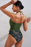 Drawstring Ruched Halter Neck Swim Top and Camouflage Bottoms Set - Trendsi - Flyclothing LLC