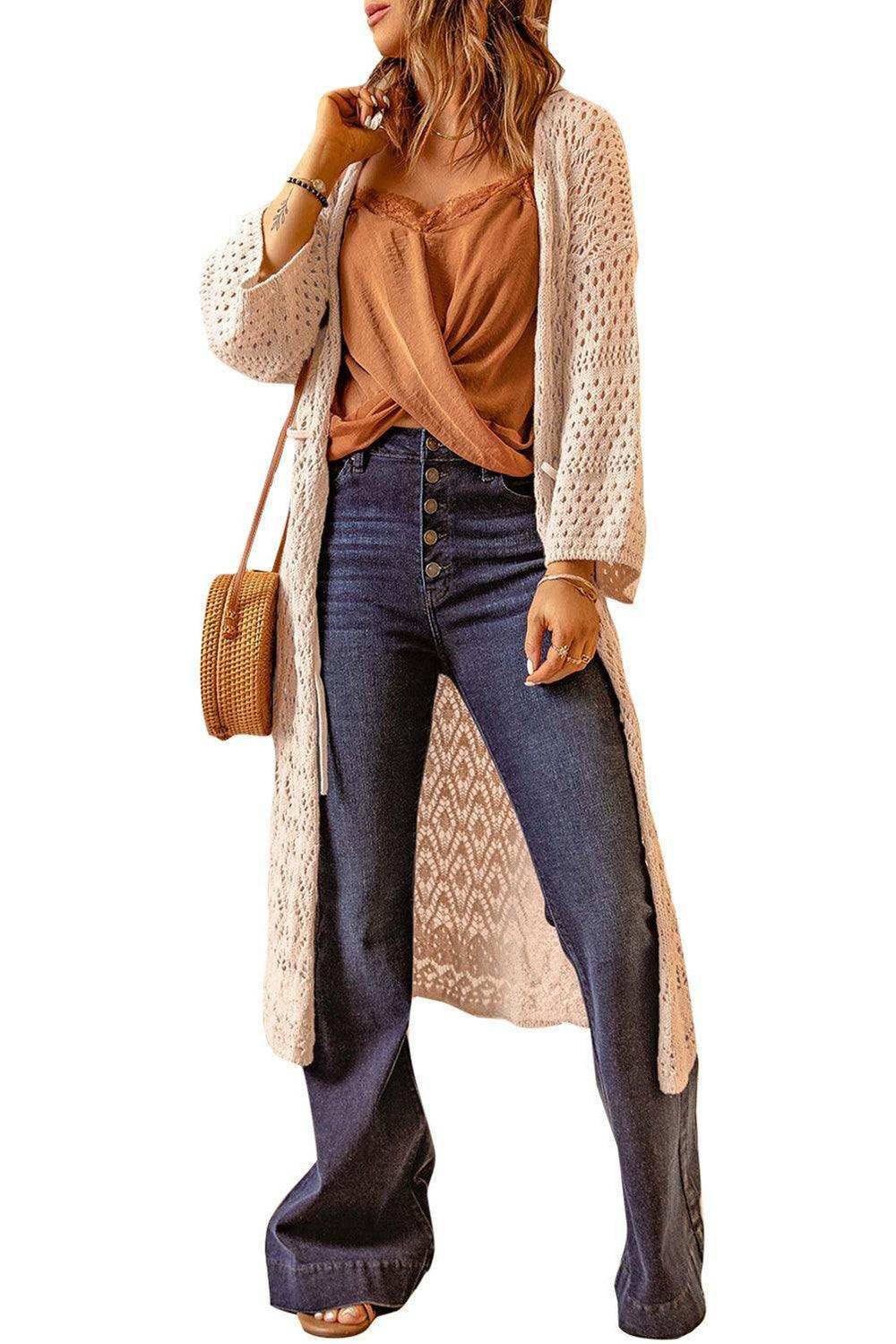 Dropped Shoulder Long Sleeve Crochet Duster Cardigan - Trendsi - Flyclothing LLC