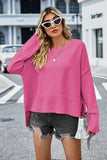 High-Low Slit Round Neck Long Sleeve Sweater - Trendsi - Flyclothing LLC