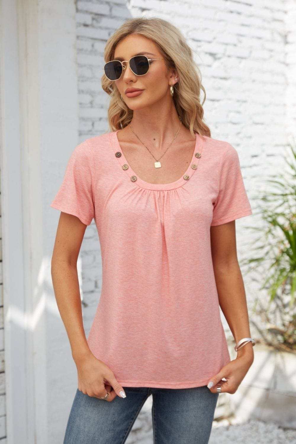 Decorative Button Scoop Neck T-Shirt - Trendsi - Flyclothing LLC