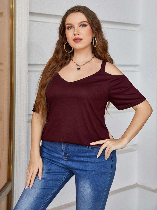 Plus Size V-Neck Cold-Shoulder Blouse - Trendsi - Flyclothing LLC