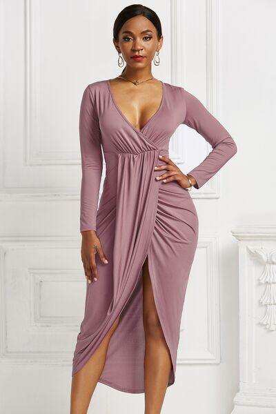 High-low Ruched Surplice Long Sleeve Dress - Trendsi - Flyclothing LLC