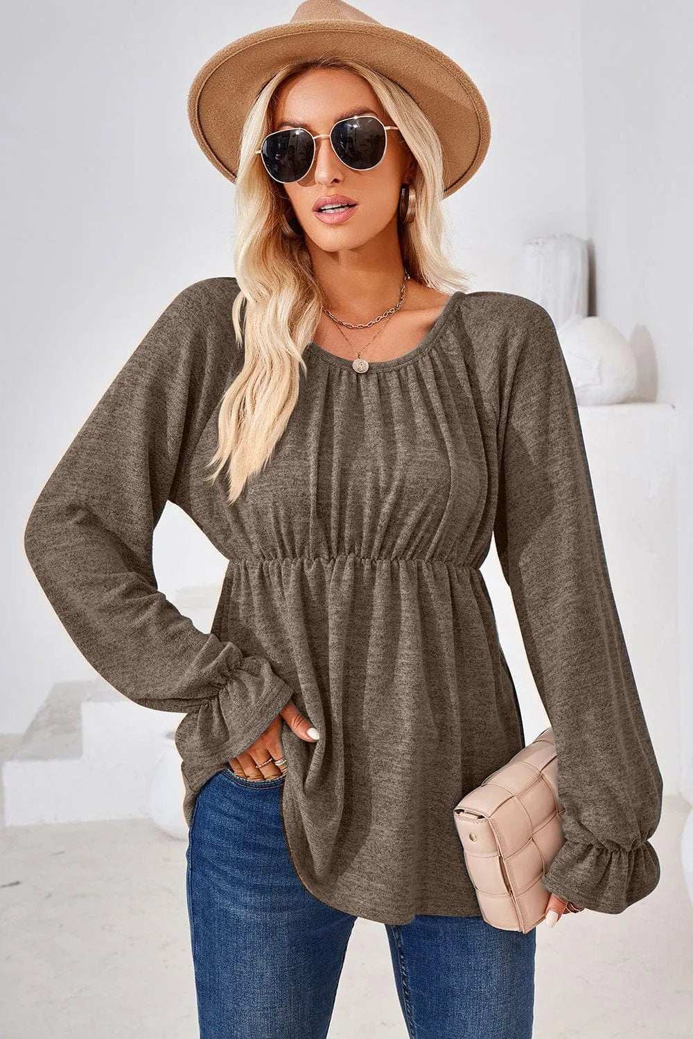 Ruched Round Neck Flounce Sleeve Blouse - Trendsi - Flyclothing LLC
