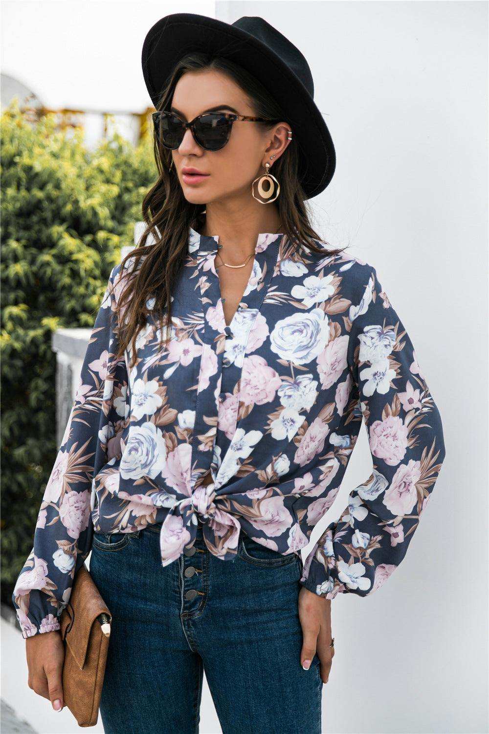 Floral Print Mock Neck Button Front Shirt - Trendsi - Flyclothing LLC
