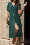 V-Neck Button Up Balloon Sleeve Midi Dress - Trendsi - Flyclothing LLC