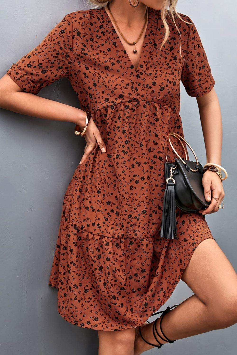 Ditsy Floral Empire Waist Plunge Short Sleeve Dress - Trendsi - Flyclothing LLC