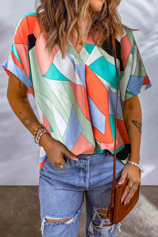 Printed V-Neck Short Sleeve Blouse - Trendsi - Flyclothing LLC