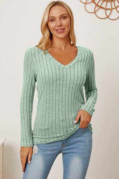 Basic Bae Full Size Ribbed V-Neck Long Sleeve T-Shirt - Trendsi - Flyclothing LLC