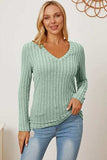 Basic Bae Full Size Ribbed V-Neck Long Sleeve T-Shirt - Trendsi - Flyclothing LLC
