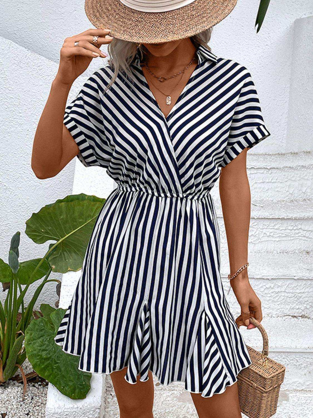 Striped Johnny Collar Mini Dress - Trendsi - Flyclothing LLC