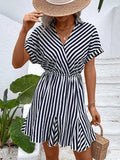 Striped Johnny Collar Mini Dress - Trendsi - Flyclothing LLC