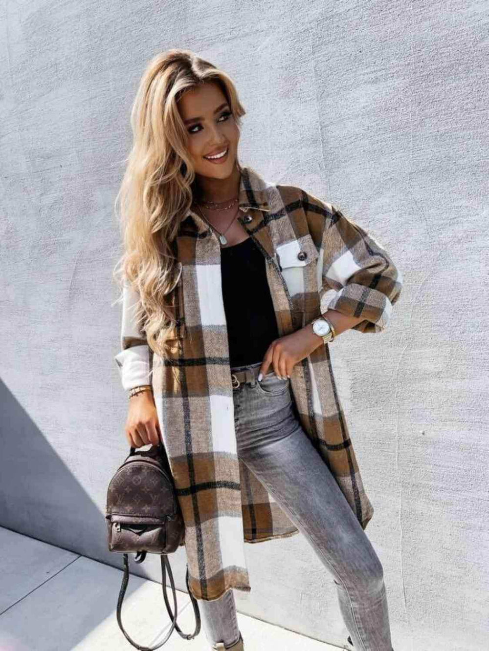 Plaid Collared Neck Longline Shirt - Trendsi - Flyclothing LLC