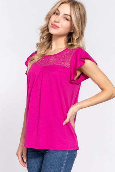 ACTIVE BASIC Ruffle Short Sleeve Lace Detail Knit Top - Trendsi - Flyclothing LLC