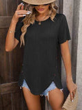 Decorative Button Round Neck Short Sleeve Blouse - Trendsi - Flyclothing LLC
