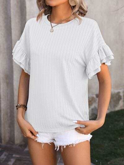 Ruffled Round Neck Short Sleeve Blouse - Trendsi - Flyclothing LLC