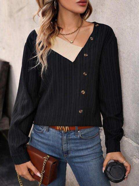 Asymmetrical Neck Decorative Button Top - Trendsi - Flyclothing LLC