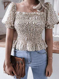 Frill Smocked Square Neck Short Sleeve Blouse - Trendsi - Flyclothing LLC